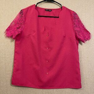 Shein Blouse Women's Small Pink Pullover Lace Short Sleeves
